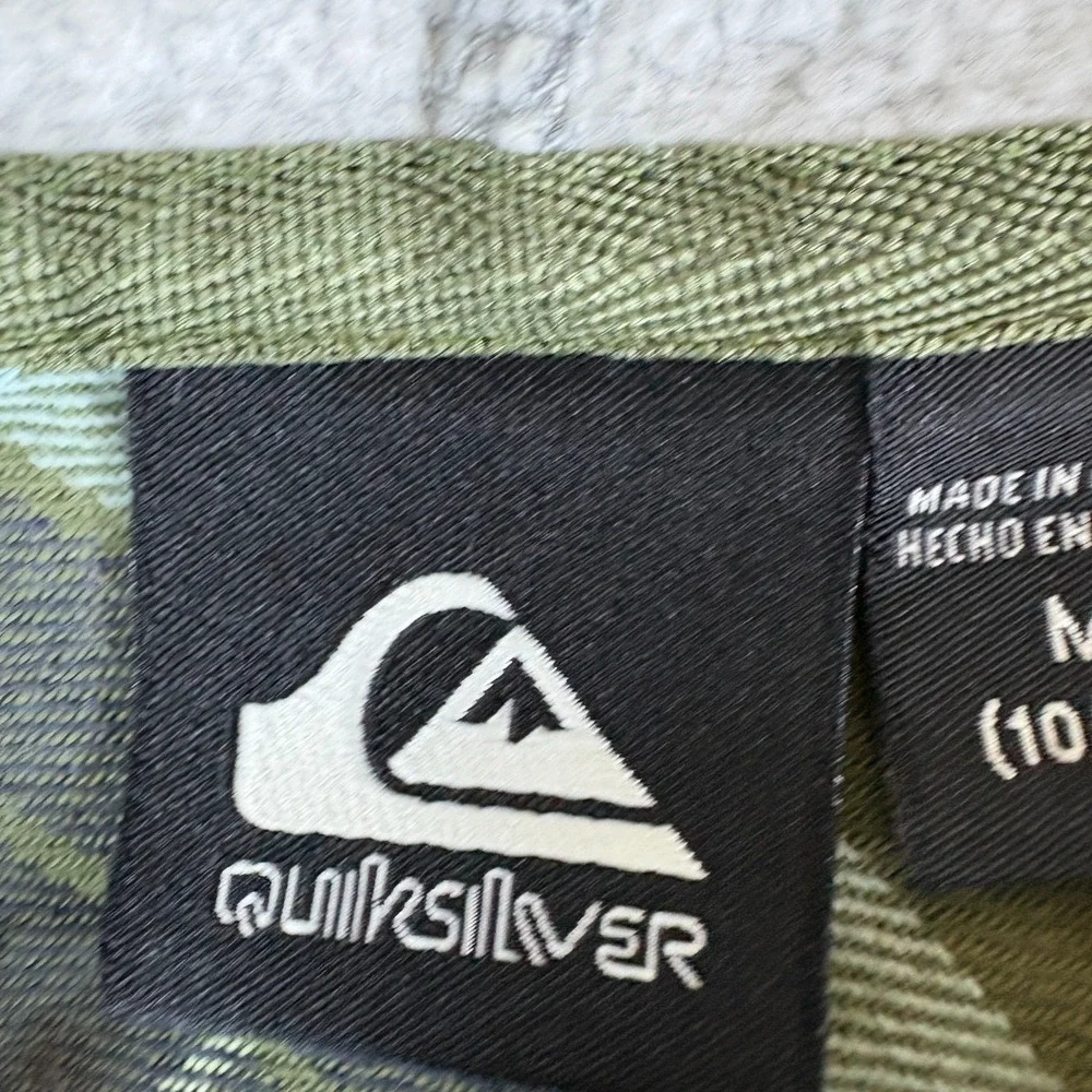 Quiksilver Shacket Boys Medium 10/12 Green Plaid Flannel Cotton Hooded Button Up